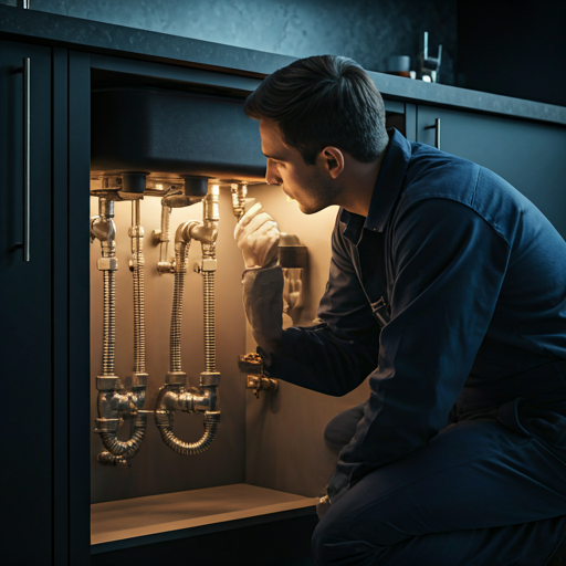 Professional plumber inspecting pipes