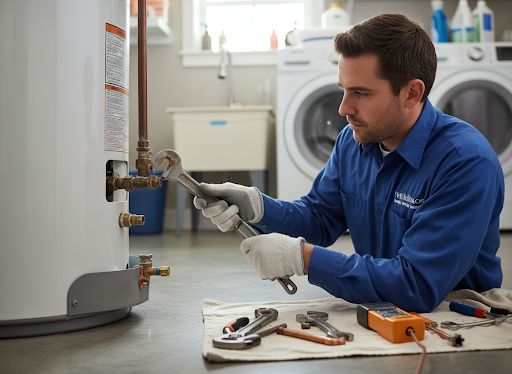 Professional plumber repairing a water heater