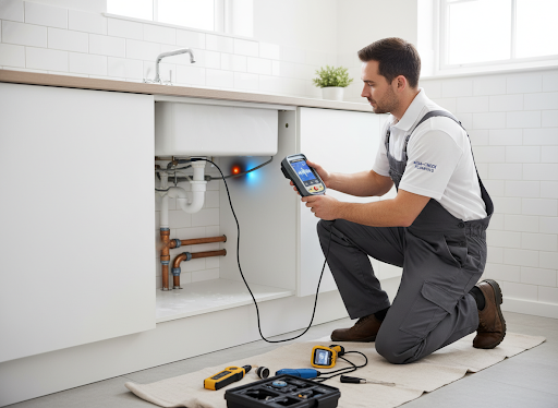 Professional plumber using leak detection equipment